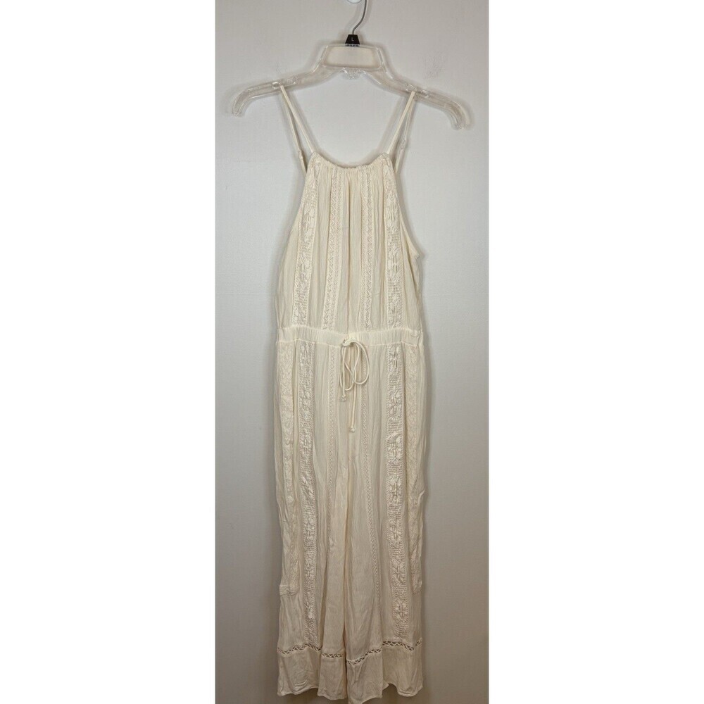 AMERICAN EAGLE Cream Crochet Jumpsuit Med Wide Leg Tie Waist BOHO Beach Resort